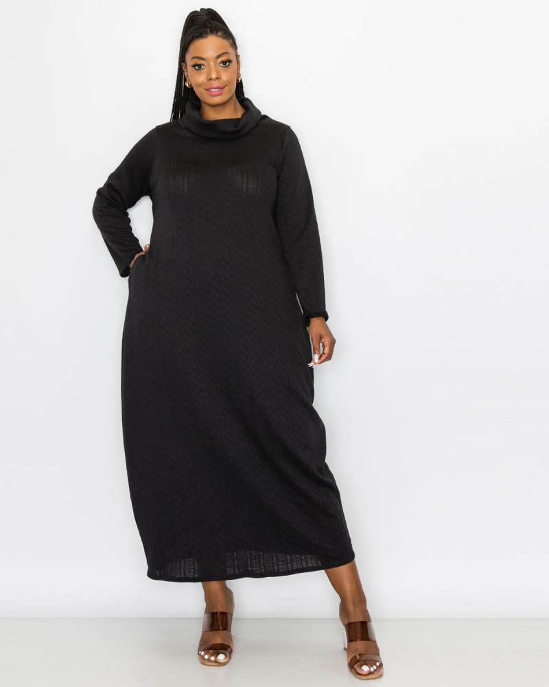 Front of a model wearing a size 1X Lana Cowl Turtle Neck Pocket Sweater Dress in Black by L I V D. | dia_product_style_image_id:244372